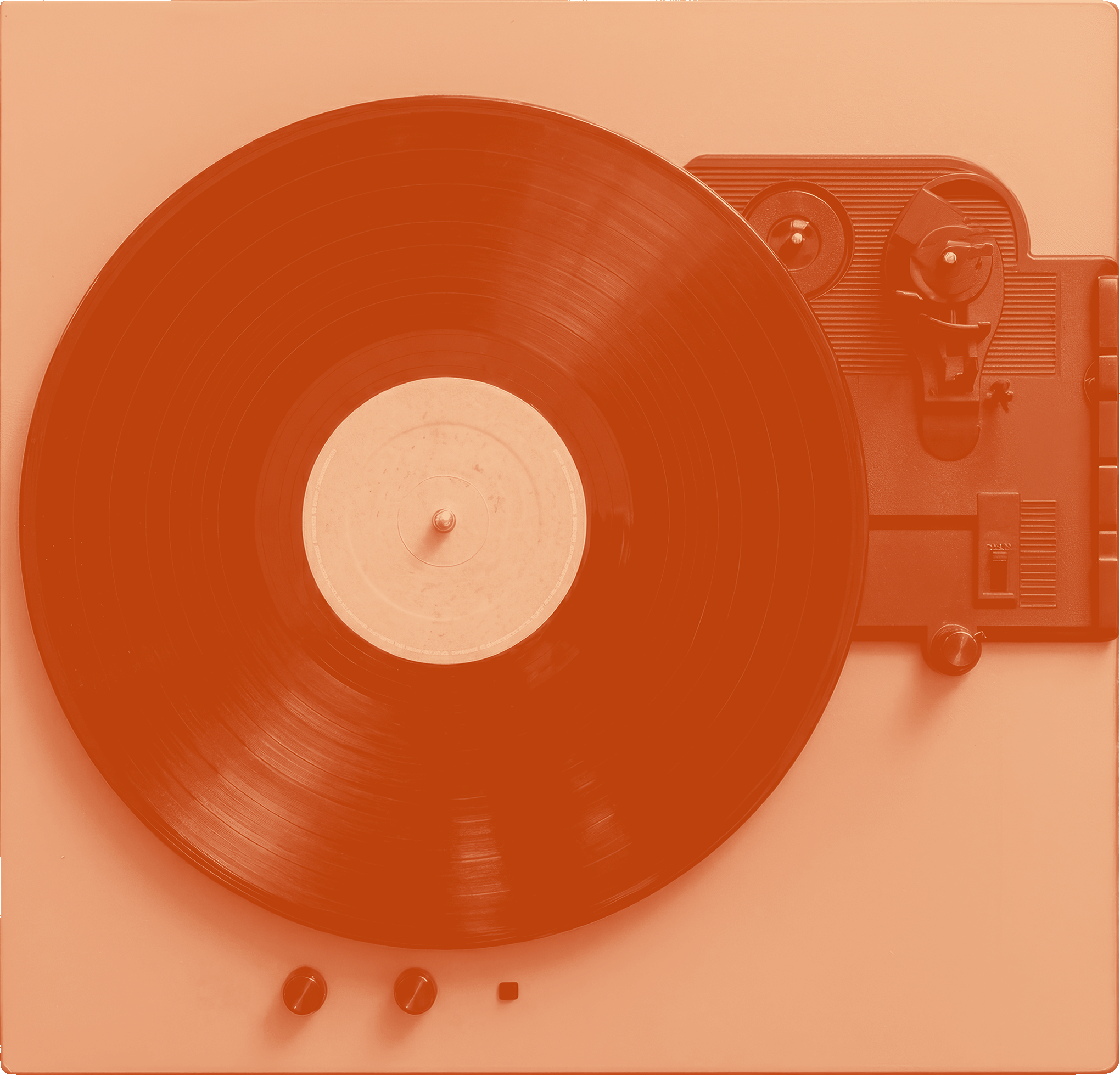 Top-down illustration of a vintage turntable rendered in terracotta tones, the Brabben House signature mark
